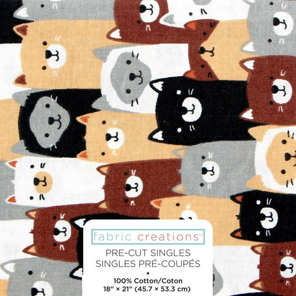 Tissu pré-coupé Fat Quarter de Fabric Creations à motif de chats fauve, noirs, bruns et blancs
