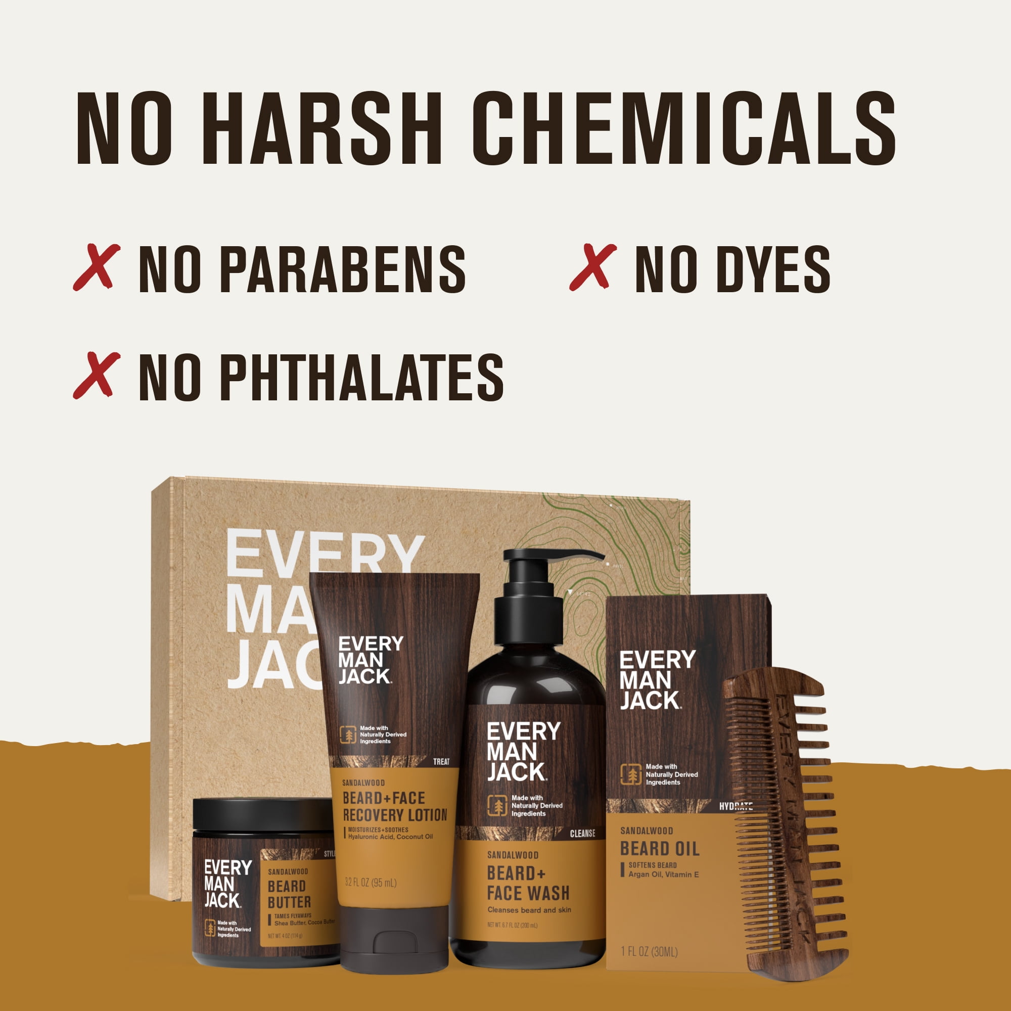 Every Man Jack Sandalwood Beard Bundle, Oil, Wash, Butter, Lotion, and Comb