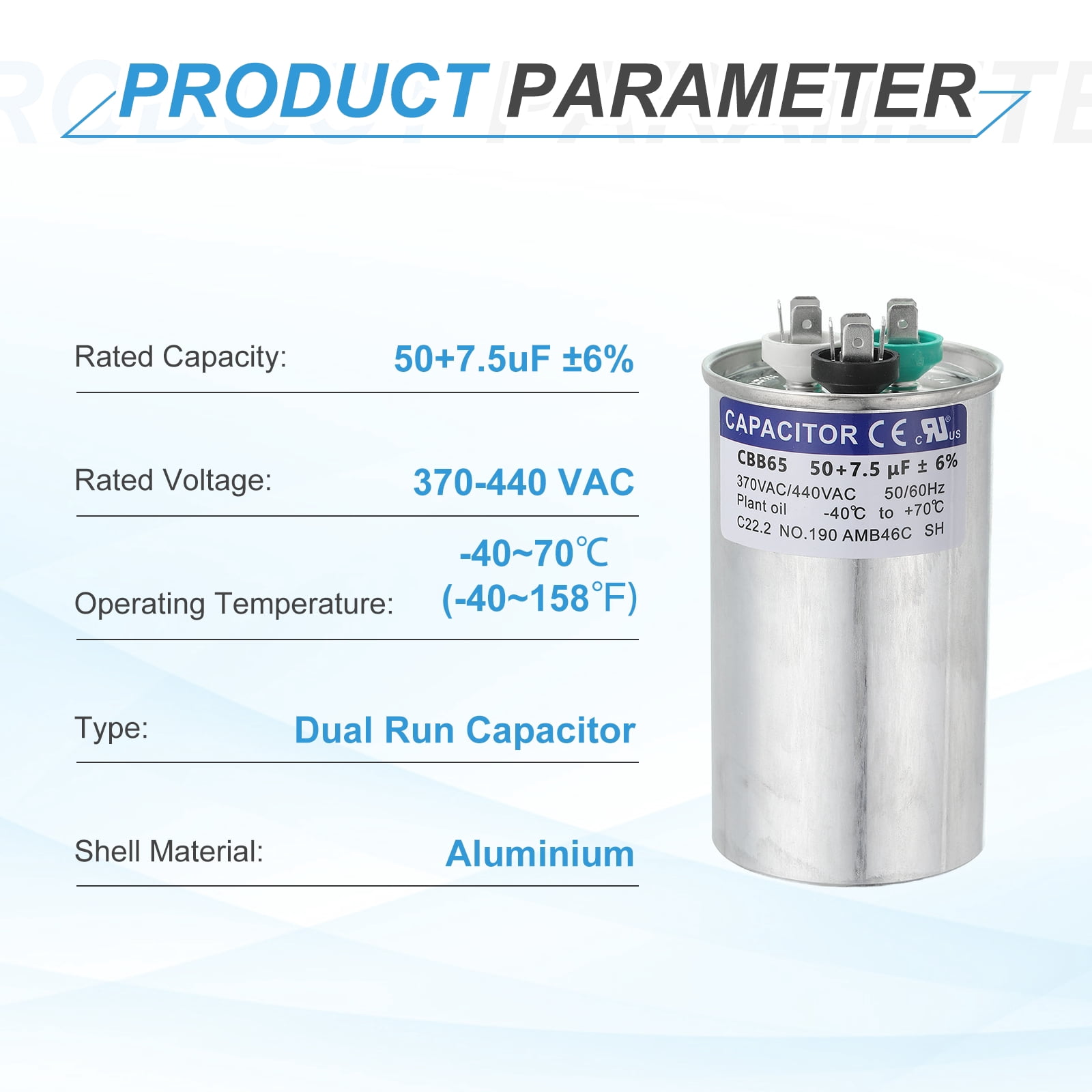 Uxcell CBB65 Capacitor, 50+7.5uF 370-440 VAC 50/60Hz Aluminium CBB65 Air Conditioner Motor Starting Round Capacitor for HVAC Systems, Air Conditioner, Heat Pump