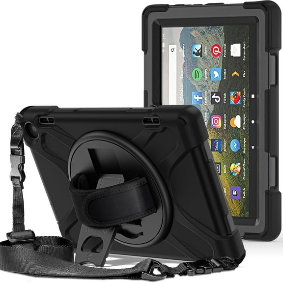 ShieldPlus for Amazon Fire HD 8 2020 / Fire HD 8 2022, Heavy Duty Shockproof Rugged Durable Kids Case with 360 Swivel Kickstand, Shoulder Strap & Hand Strap, for Kindle Fire HD 8/HD8 Plus 2022/2020