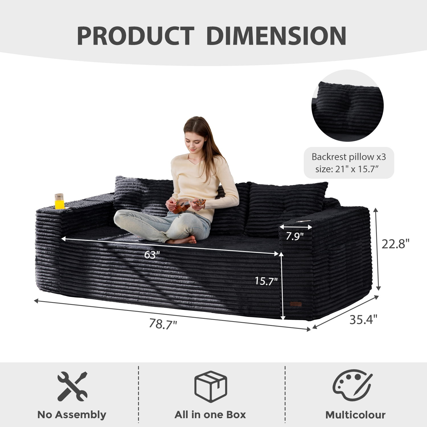 BYBYME 78.7" Corduroy Cloud Floor Sofa,Modular Comfy Small Cloud Couch for Small Spaces,Boneless Sofa for Living Room,No Assembly,3-Seater,Black