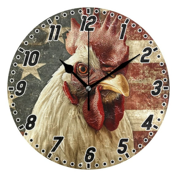 Dailycode Round Wall Clock Battery Operated Silent Non-Ticking Hanging Clock 10" Vintage Chicken with American Flag