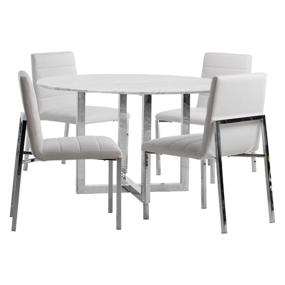 Modus Amalfi 5PC 48" Round Marble Table & 4 Metal Back Chair in White