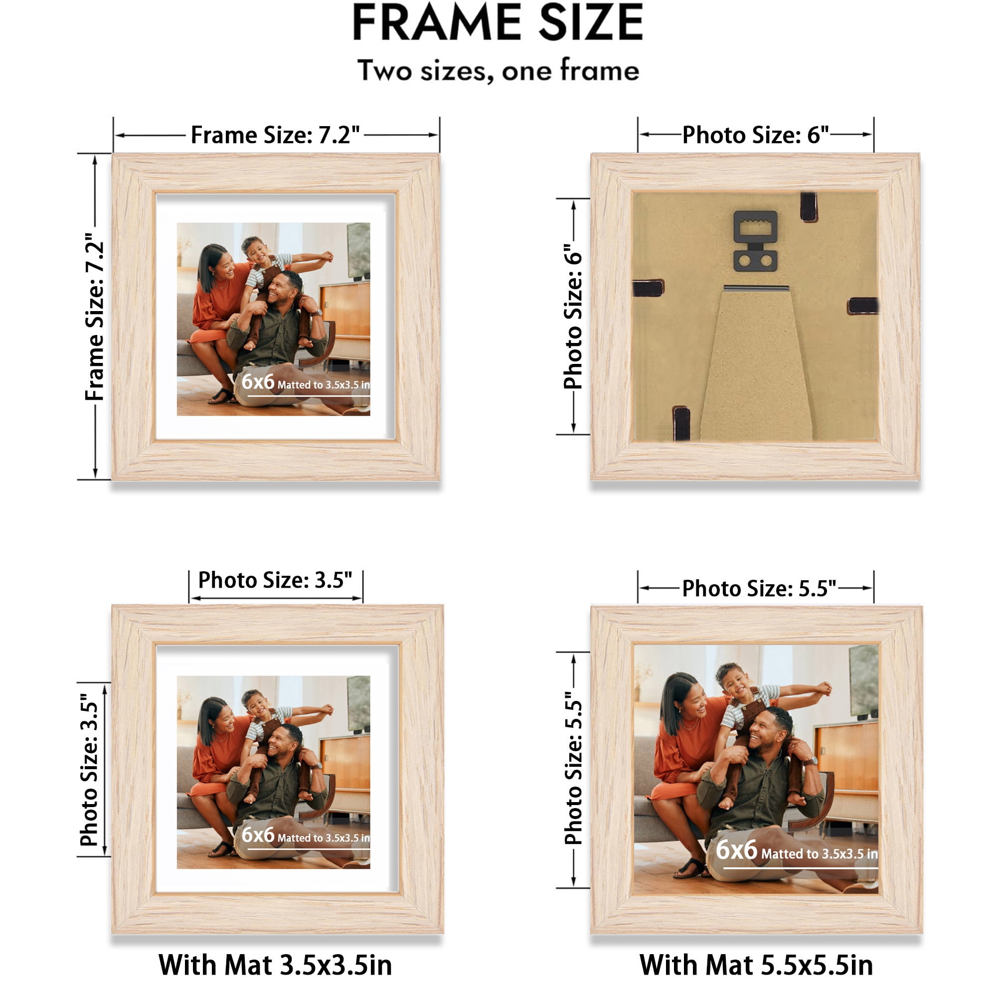 6x6 Picture Frame, Display 3.5x3.5 Picture with Mat or 6 x 6 Without Mat, Square Wood Photo Frame for Wall Mount and Tabletop Display