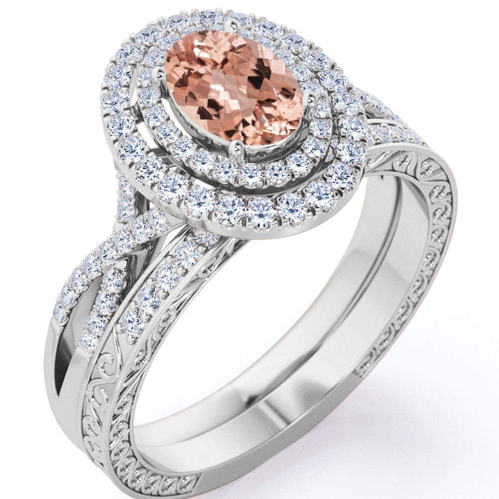 JeenMata 1.5 Carat Egg Shaped created morganite and Moissanite - Edwardian Band - Double Halo Infinity Wedding Ring Set - 18K White Gold Plating over Silver