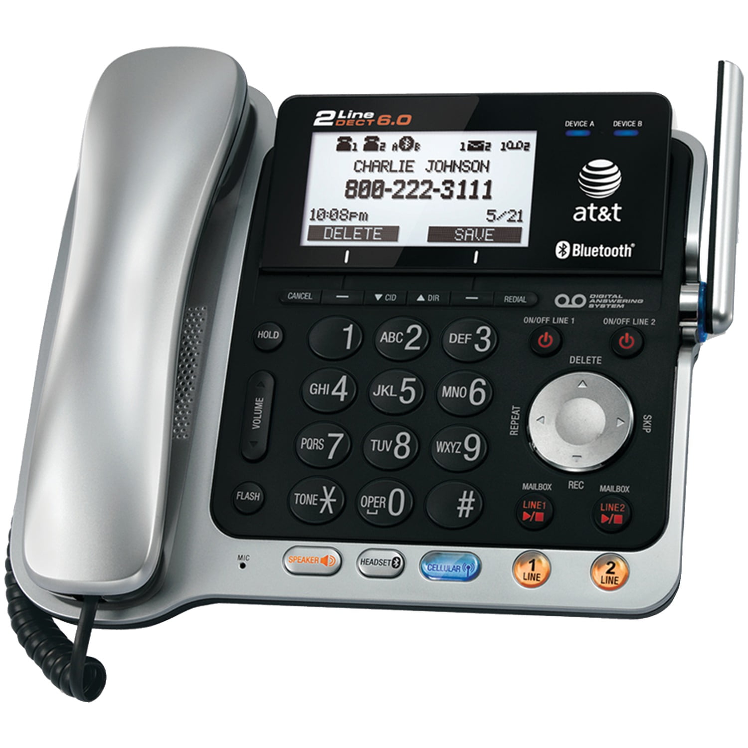 AT&T DECT 6.0 Connect to Cell 2-Line 2-Handset Expandable Corded/Cordless Phone System with Caller ID & Call Waiting, Black & Silver, TL86109