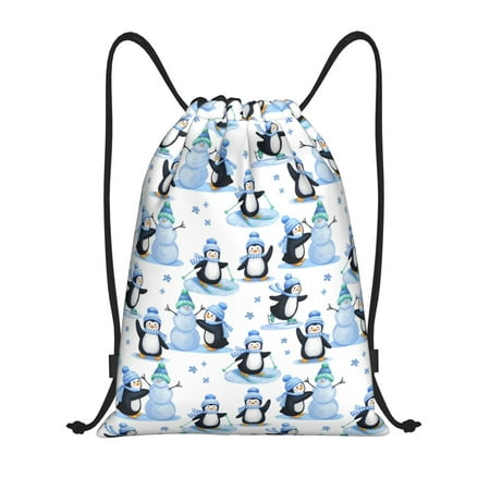 Tebeau Playful Penguins and Snowmen Print Waterproof Drawstring Bag  Gym Bag Sackpack Sports Beach Backpack for Men Women-Small