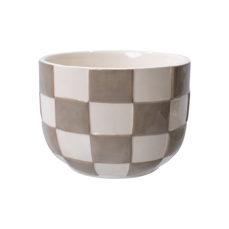 Mainstays Lennon Round Ceramic Planter, Birch Gray Checkered photo 1
