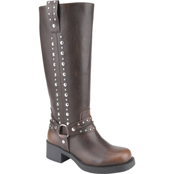 Women's Buckle Decor Knee High Boots Round Toe Low Chunky Block Heel Motorcycle Riding Boot