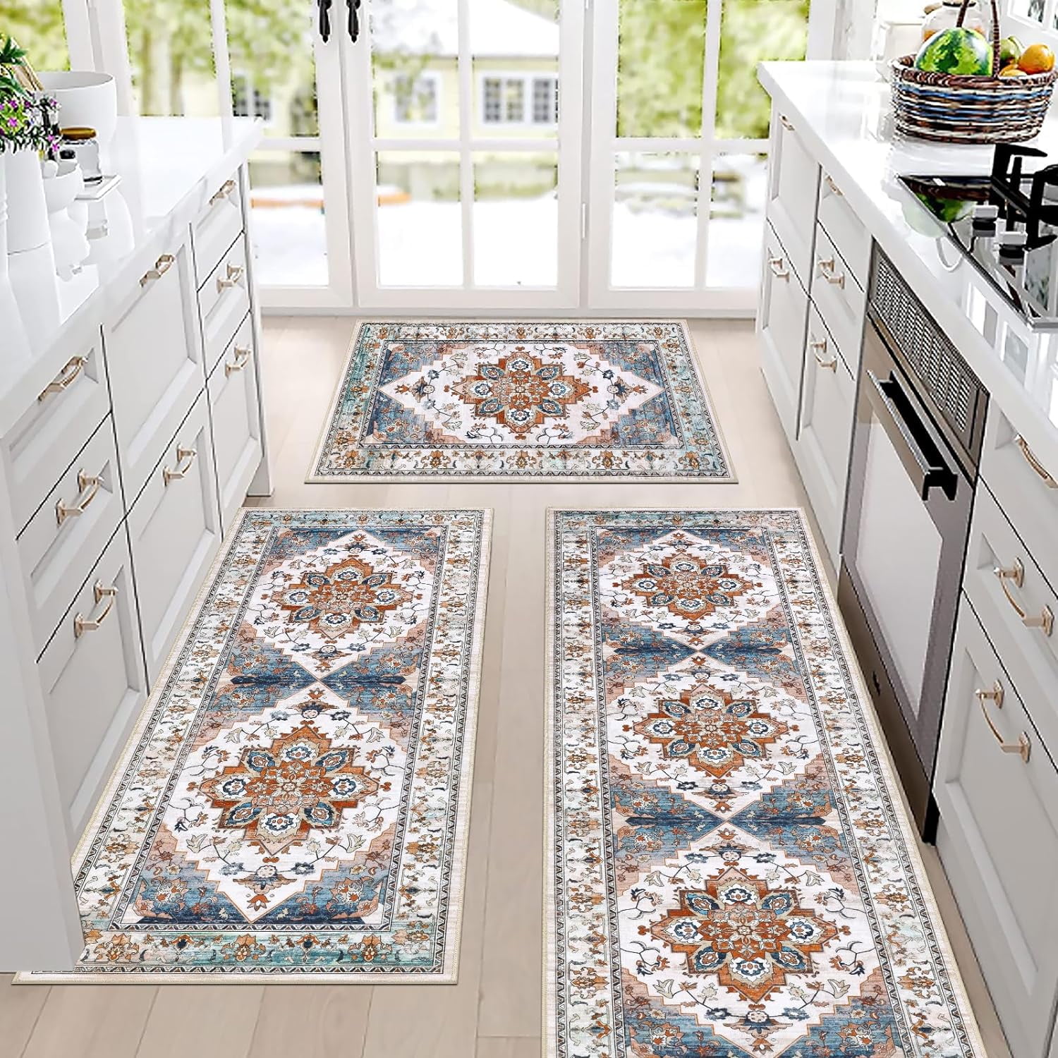 Kitchen Rug and Mat, Yamaziot Boho Kitchen Rug Set of 3, Non Slip Washable Farmhouse Floor Mat Hallway Runner, Laundry Room Carpet