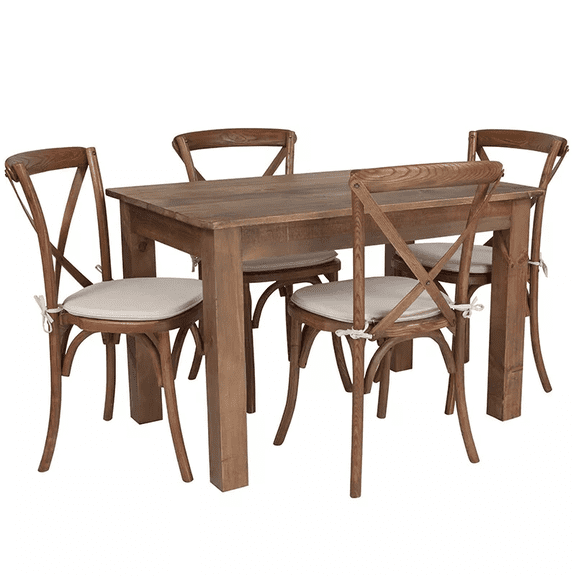 46" x 30'' Rectangular Antique Rustic Farm Dining Table Set with 4 Cross Back Wood Chairs and Cushions
