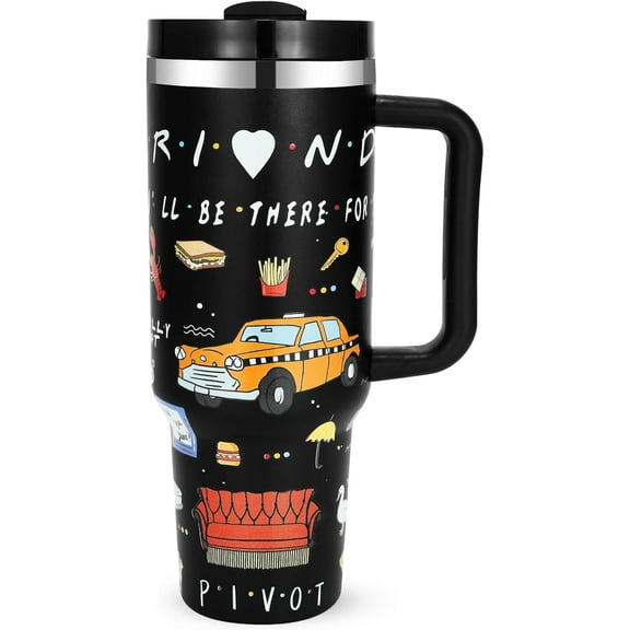40oz Friends TV Tumbler with Lid & Straw, Stainless Steel Coffee Cup Bottle Travel Mug with Handle for Best Friends TV Show Merch Fans Women, Birthday Anniversary Christmas Gifts Valentine''s Day