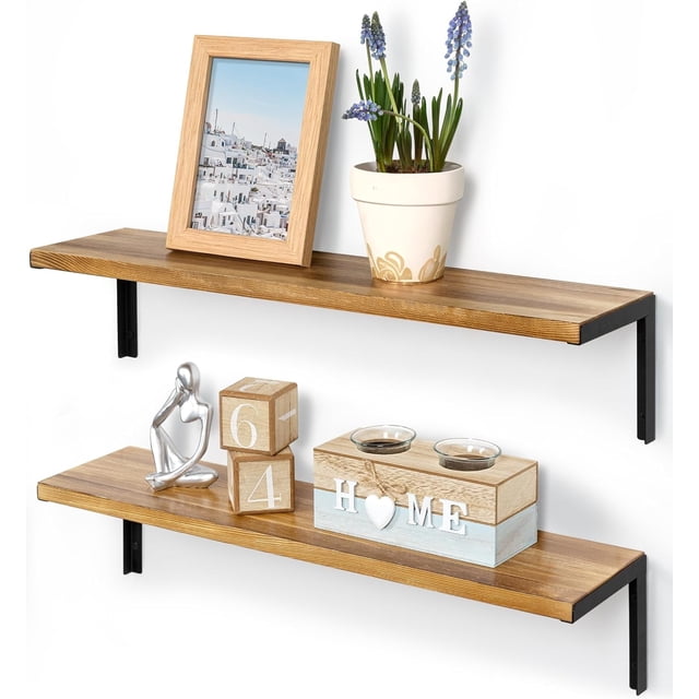Estantes de madera para pared, estante flotante rústico de 24 pulgadas con soportes en L para dormitorio, sala de estar, cocina, estantería de almacenamiento montada en la pared, decoración del hogar