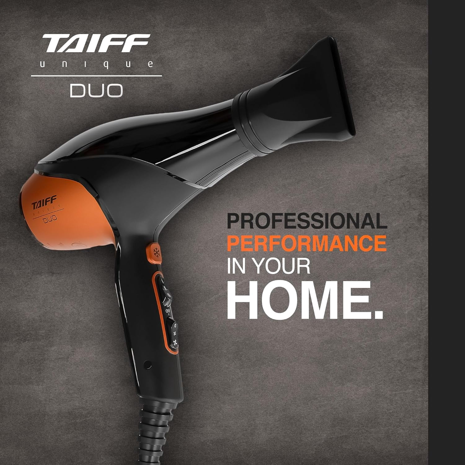 Taiff Unique Duo Professional Hair Dryer – 127V | 1875W Power | AC Motor | Tourmaline + Ionic & Ceramic Technology | Titanium Elements | 2 Concentrator Nozzles (Orange)