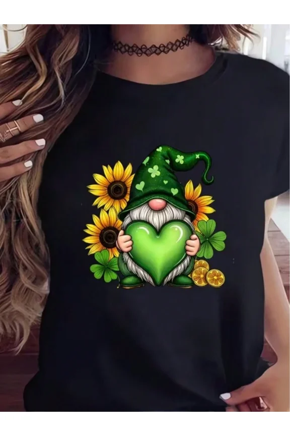 Women's T-Shirt Short Sleeve Graphic Printed With Cute Gnome With Sunflower And Clover