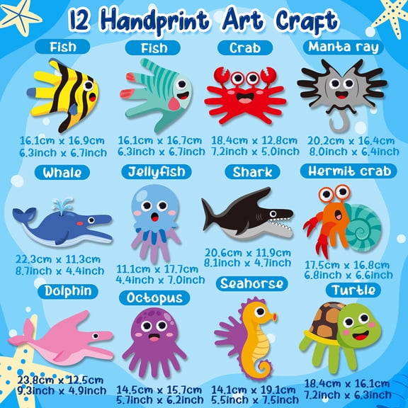 Laffact DIY Marine Animal Handprint  Craft Kit for School Party Game,12Piece