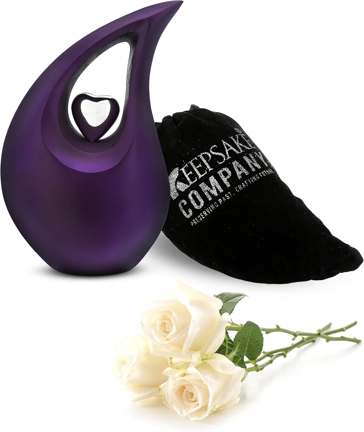 Purple Shimmer Tear Drop Small Urns for Human Ashes with Silver Heart (6 Inch Height) - Unique Medium Urn - Decorative Urns - Cremation Urn - Burial Urns - Keepsake Urn - Funeral Urn - Small Pet Urns