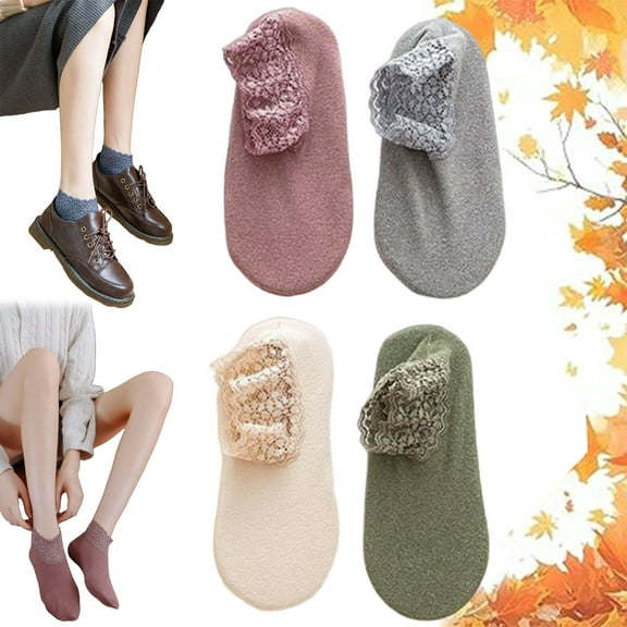 Fashion Lace Warmer Socks, Lace No Show Socks Women, Warm Non-slip & One Size Fit All(4pcs-a)