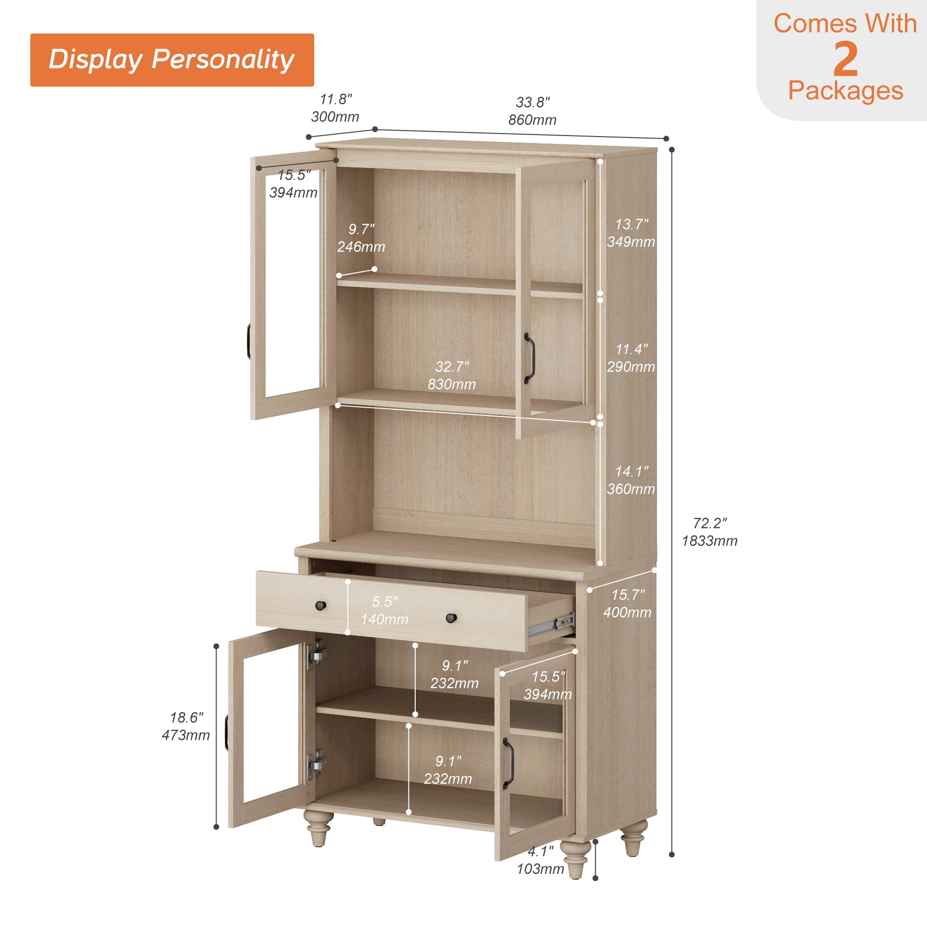 72"H x 33.9"W 5,Tier Farmhouse Wooden Bookcase, Display Bookshelf with Glass Doors, Roomy Storage Cabinet & Wood Drawer, Library Book Shelf for Living Room, Office, Kitchen, Beige