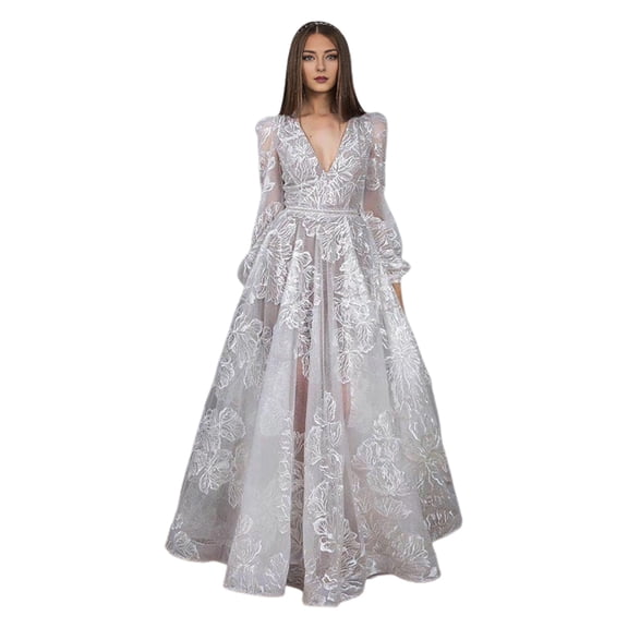 Quixlent Women Evening Dress Deep V Neck Lace Floral Embroideried Maxi Dress A-line Big Swing Long Lantern Sleeves High Waist Pleated Ball Gown Prom Party Dress