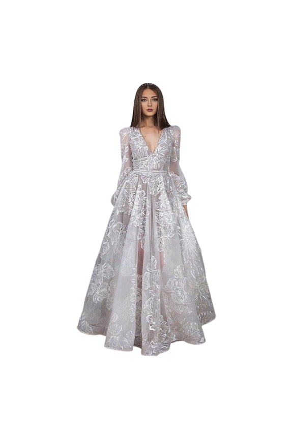 Women Evening Dress Deep V Neck Lace Floral Embroideried Maxi Dress A-line Big Swing Long Lantern Sleeves High Waist Pleated Ball Gown Prom Party Dress