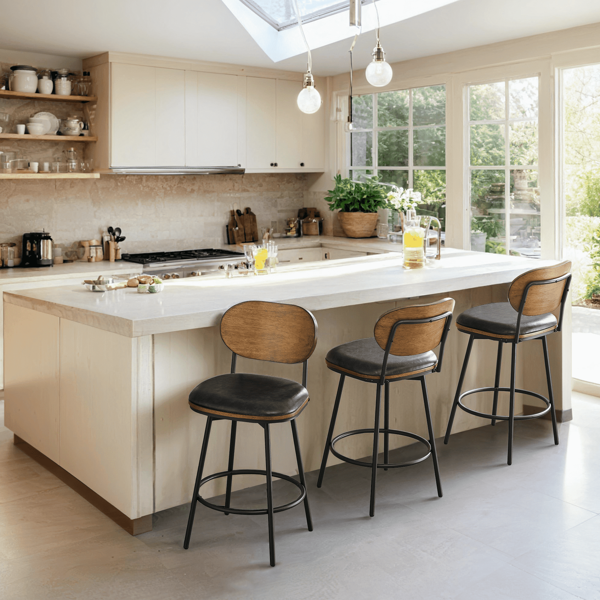 Spruce & Spring Counter Height Swivel Bar Stool with Wood Back and Metal Legs Set of 3, Dark Grey