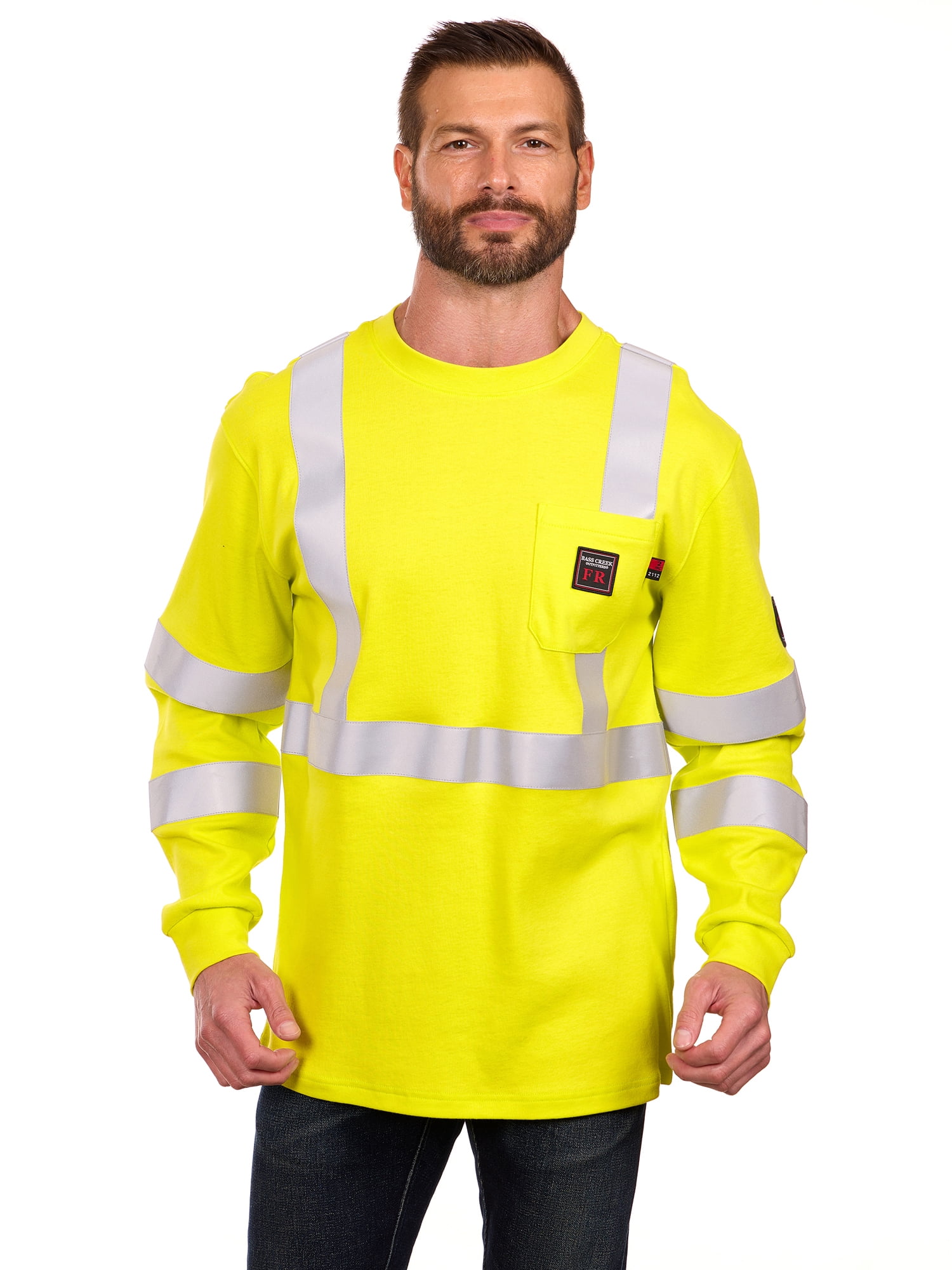 Bass Creek Outfitters Men's Flame Resistant Hi-Vis Safety Long Sleeve Knit Top, Sizes M-2XL