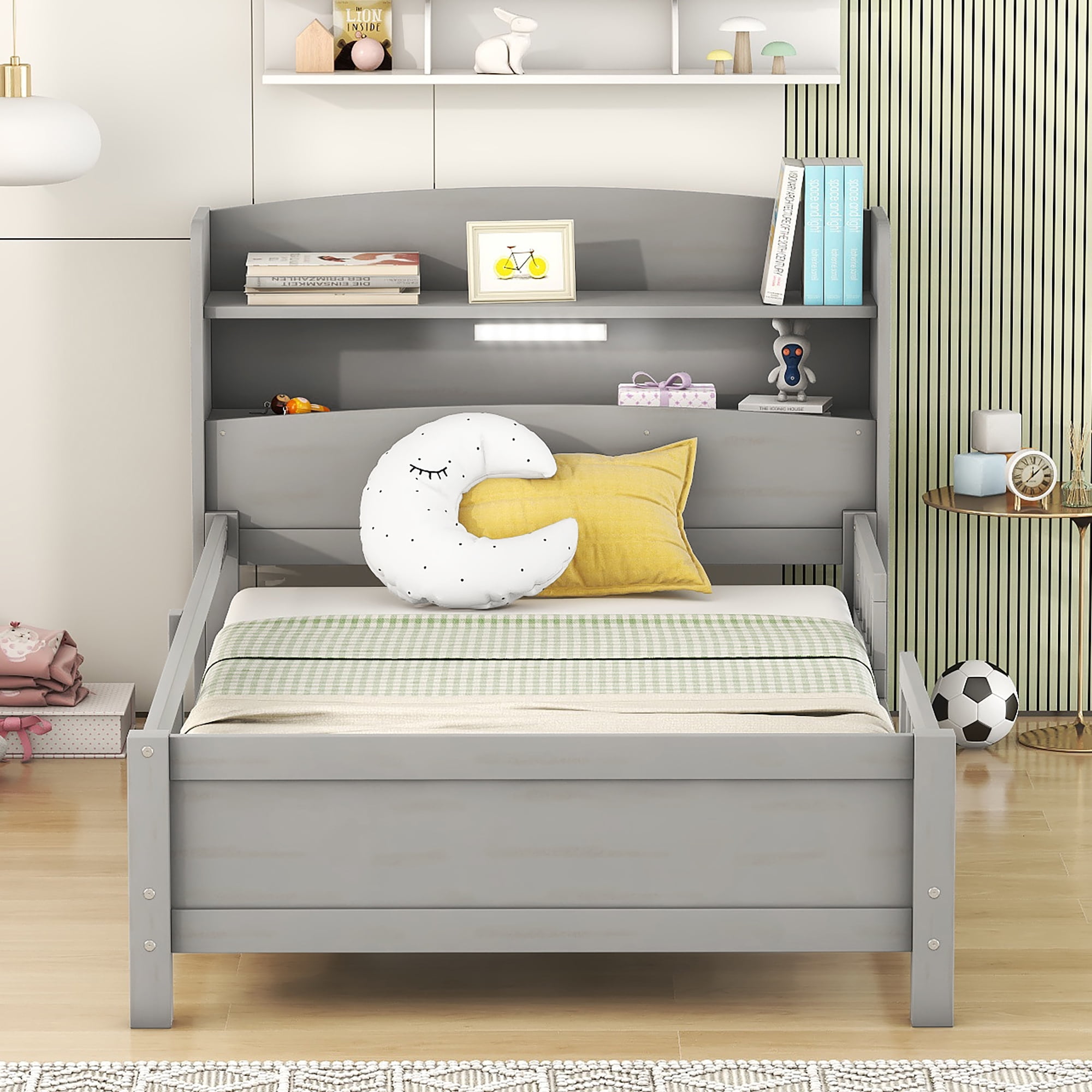 Euroco Wood Twin Size Platform Bed with Storage Headboard, Shelves and LED Light for Kids, Gray