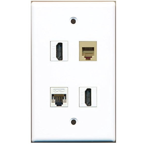 RiteAV - 2 Port HDMI 1 Port Phone RJ11 RJ12 Beige 1 Port Cat5e Ethernet White Wall Plate
