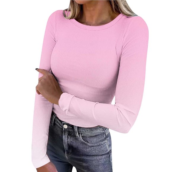 LMKIHUSA Ribbed Long Sleeve Shirts for Women Crew Neck Fitted Stretchy Pullover Tops Casual 2025 Fall Fashion Outfits Pink,S