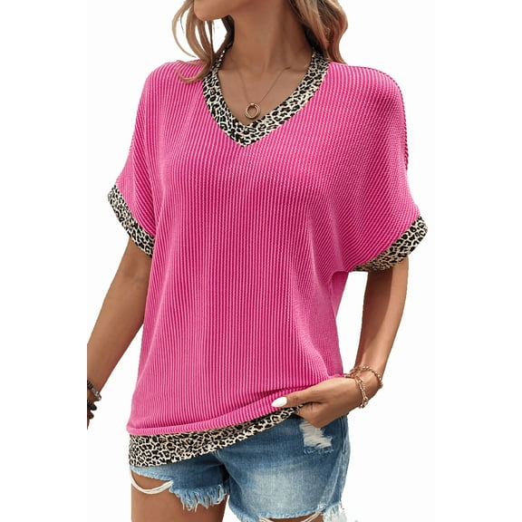 Women's Bright Pink Leopard Patchwork V Neck T-Shirt - Trendy Casual Style | [ZhiHiMeRi] | (US 12-14)L