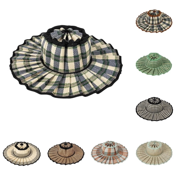 Women's Wide Brim Straw Hat Plaid Sun Hat Foldable Ruffle Edge Beach Hat Adjustable Chin Strap Summer Hat for Vacation Travel Outdoor Walking and Daily Wear