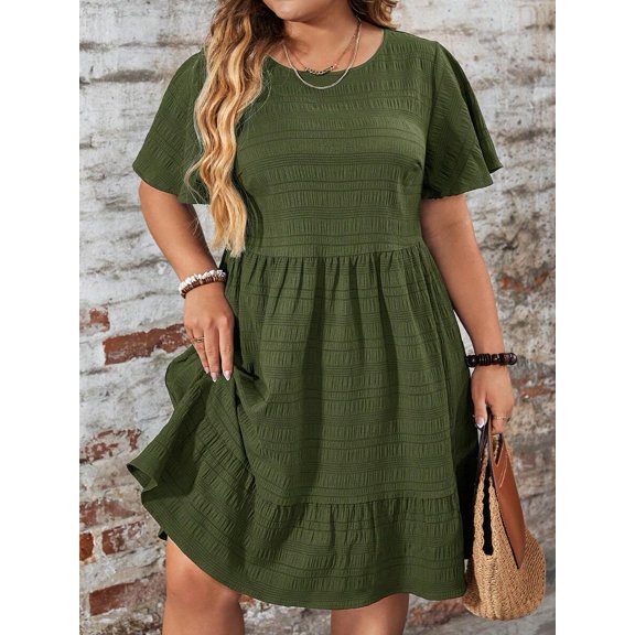 Olive Green Plus Size Round Neck Ruffle Sleeve Drop Waist Casual Summer Dress