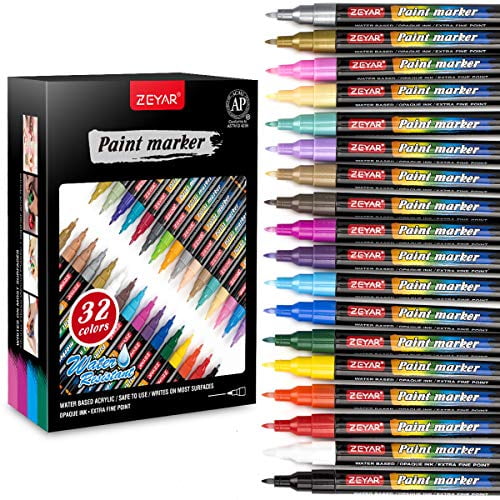 ZEYAR Acrylic Paint Pens, Water Based Extra Fine Point, 32 Vibrant ...