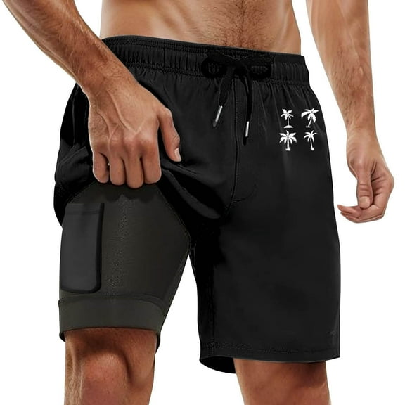 Men's Swim Trunks with Compression Liner, Inseam Board Shorts, 95% Polyester 5% Spandex, Drawstring Waist, Colorful Tree Patterns, for Beach & Water Sports, Multiple Sizes