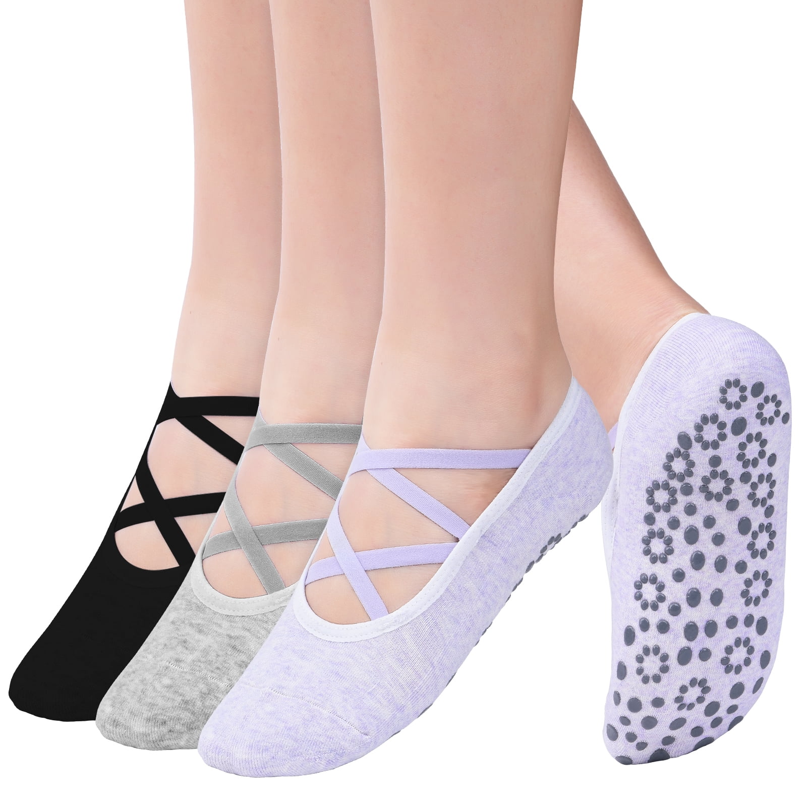 Womens Yoga Socks Non Slip Skid Pilates Barre Sock with Grips Ballet Shoes 2 Pack