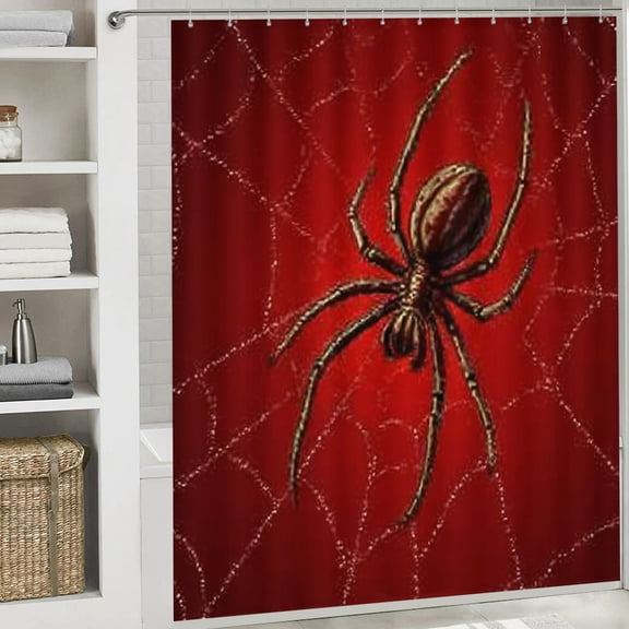 Christmas Shower Curtain, Red Spider Shower Curtain with Hooks for Christmas Home Bathroom Decor Washable Curtains, 72x72 in