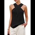 thumbnail image 1 of Blusa Informal de Verano para Mujer, de Punto, Sin Mangas, con Cuello Halter Cruzado y Color Liso. Negro XL, 1 of 9