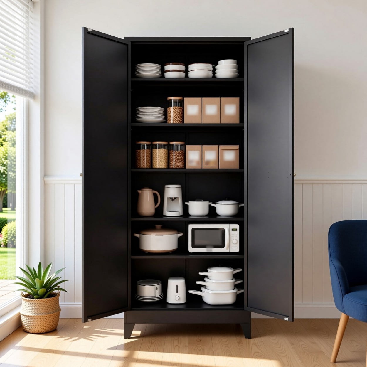 75" Metal Kitchen Pantry Cabinet with Doors, Heavy Duty Freestanding Storage Organizer, 5 Adjustable Shelves, 180 LBS Capacity Steel Cabinet for Kitchen Dining Room Pantry, Black