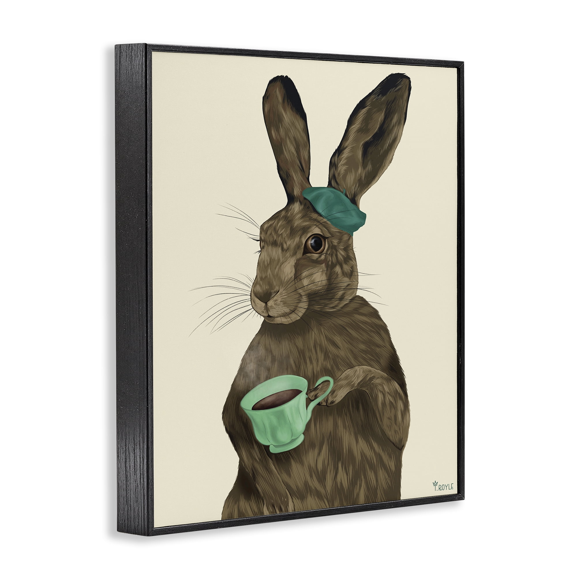 Stupell Industries Rabbit & Green Teacup Animals & Insects Painting Black Framed Art Print Wall Art, 11 x 14