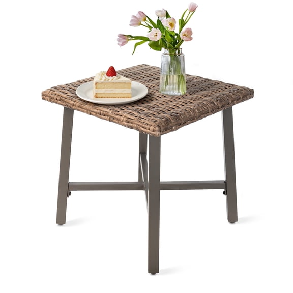 MOLIBYME Patio Wicker Side Table, All-Weather Rattan Side Table End Table for Patio Porch Deck Pool, Brown Tabletop