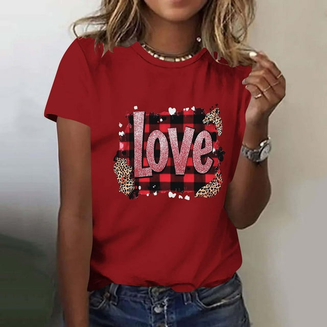Ounisa T-Shirts pour Femmes Col Rond Mignon Cœur Lettre Graphique Manches Courtes Hauts d'Été