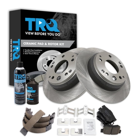 TRQ Rear Brake Pad & Rotor Kit; with Chemical Kit Parking Brake Shoe Set Ceramic Fits 1996-1998 Acura RL