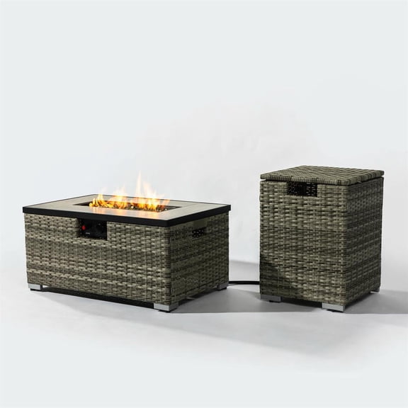 Topcobe Outdoor Essentials, Premium 32" Propane Fire Pit with Wicker Base, 50000 BTU Steel Rectangular Pit Cover Included, Beige Heat Source for Garden Relaxation