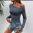 thumbnail image 4 of XRoczxe Women Off Shoulder Long Sleeve Top Ruched Slim Fit Solid Blouse Soft Stretch Casual Shirt, Can Be Worn Alone or Layered, 4 of 6