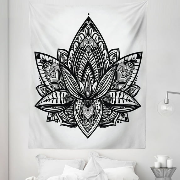 Yoga Tapestry, Lotus Flower Paisley Leaves Yoga Style, Fabric Wall Hanging Decor for Bedroom Living Room Dorm, 5 Sizes, Black and Grey, by Ambesonne