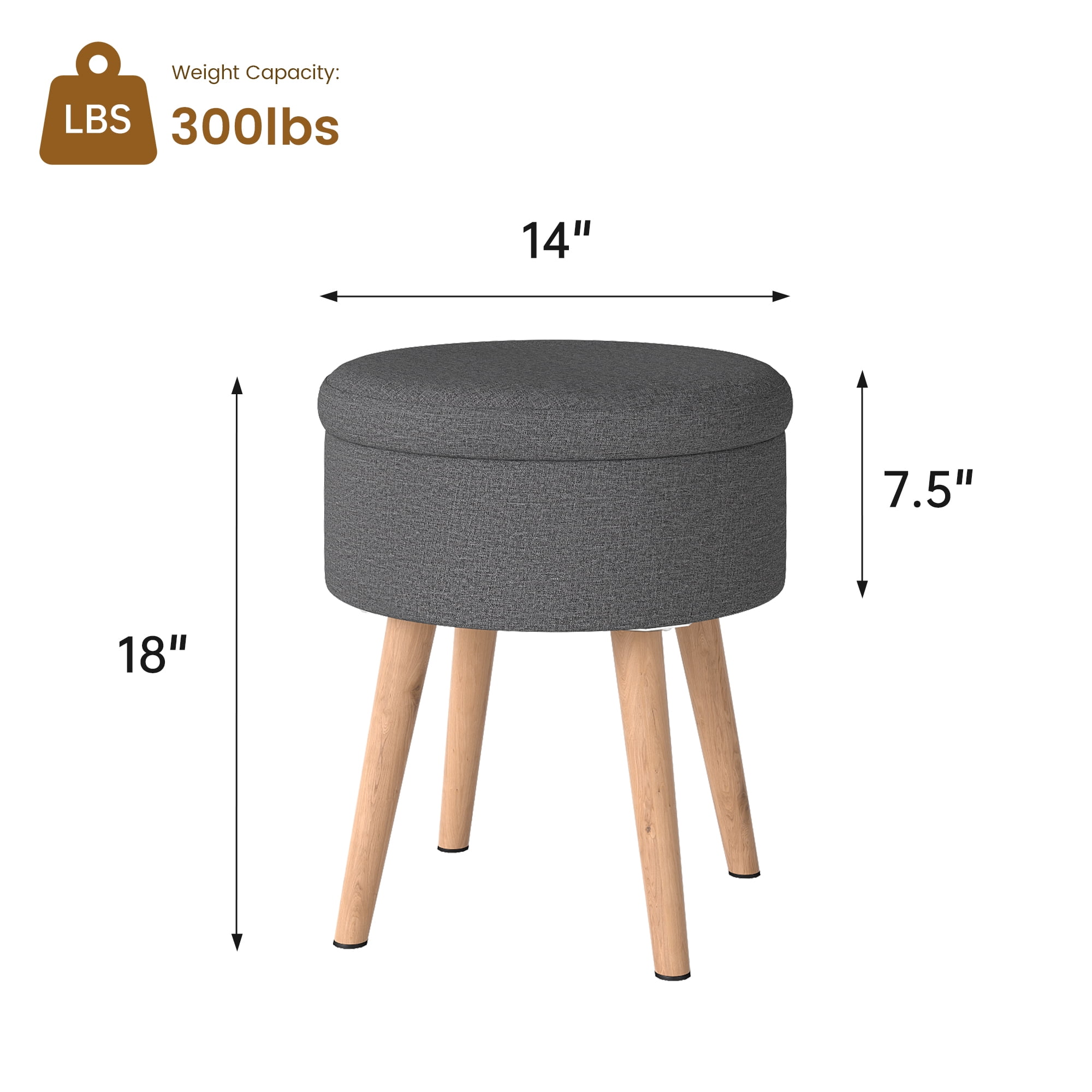 LOGYAT 14" Round Ottoman with Storage, Ottoman Foot Rest with Wood Legs, Linen Round Vanity Stool, Modern Upholstered Foot Stool for Living Room and Bedroom, Dark Gray