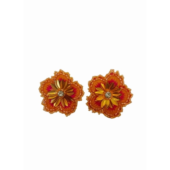 QRIXLOOM Orange Floral Stud Earrings Handmade Beaded Lightweight Statement Jewelry for Women