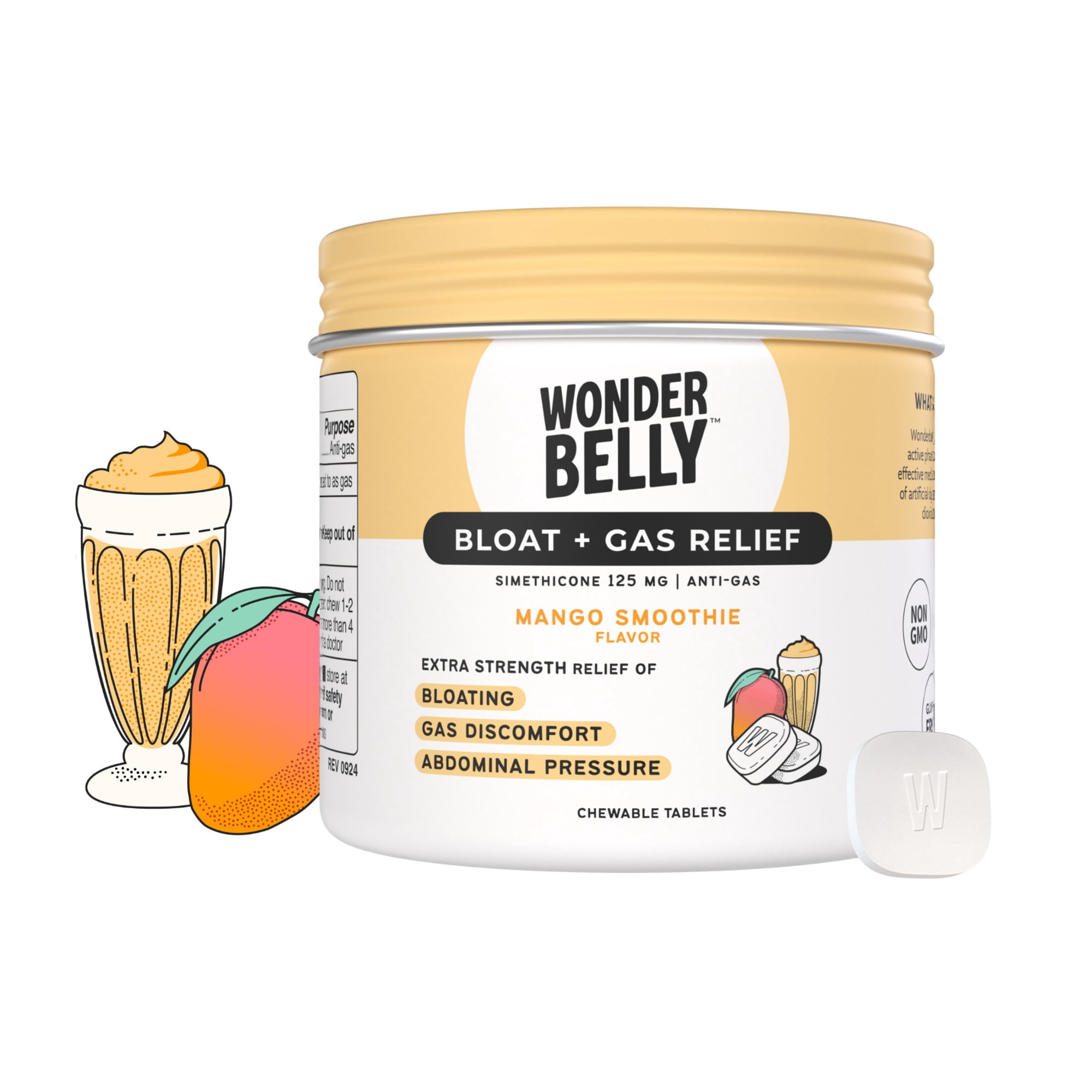 Wonderbelly Bloat and Gas Relief Chewable Tablets, Mango Smoothie Flavor, 42 Chewable Tablets