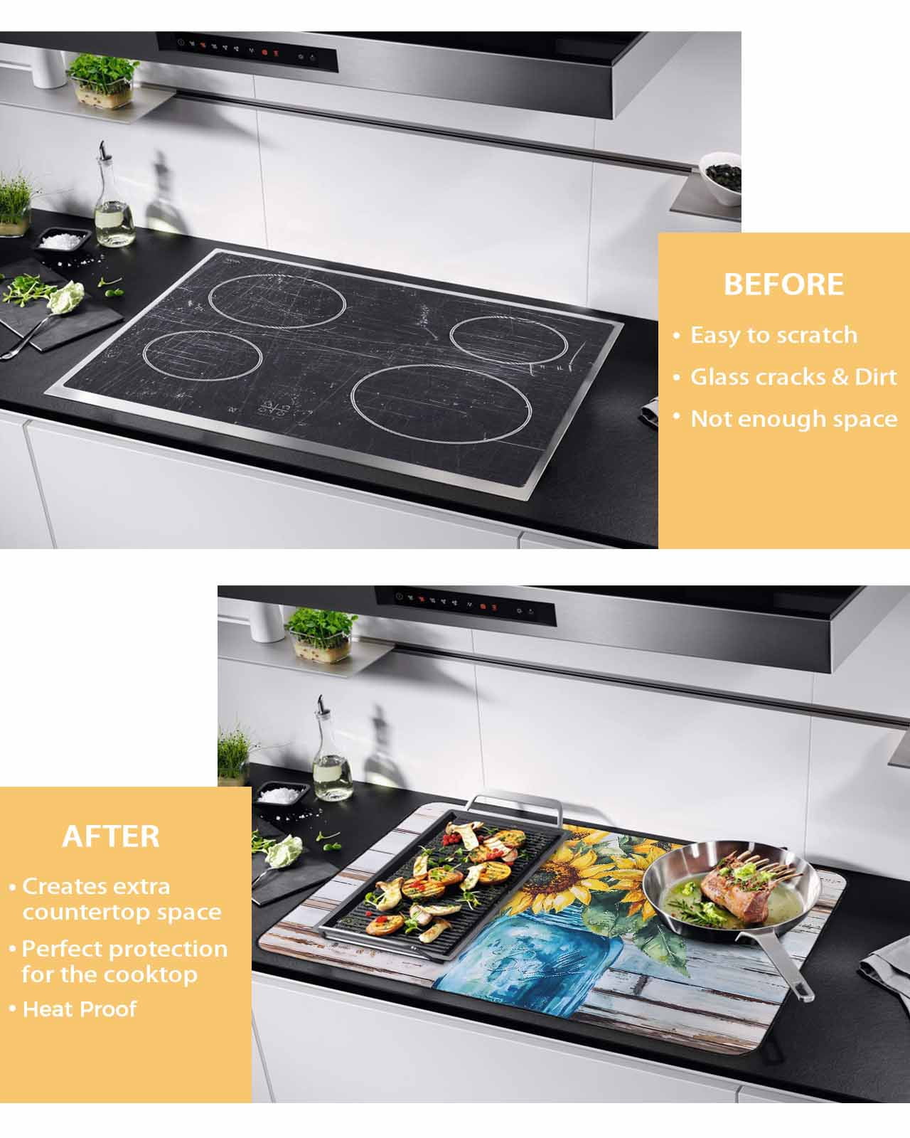 nqOlkjepod Large Induction Cooktop Protector Mat 24"x21", Sunflower Stove Top Covers for Electric Stove, Watercolor Yellow Floral Vintage Wooden Grain Stove Burner Cover Mats, Glass Top Stove Cover